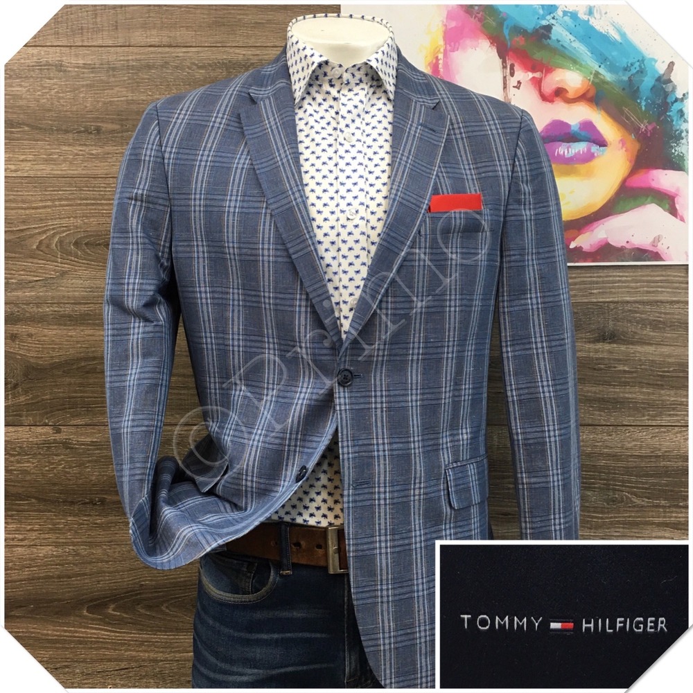 Tommy Hilfiger Mens Blue Plaid Linen Cotton Blend Blazer Sport Coat 42R